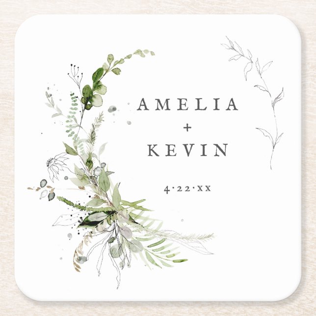 Elegant Earthy Greenery Personalized Names Date Square Paper Coaster (Front)