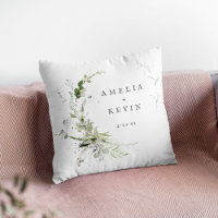 Elegant Earthy Greenery Personalized Names Date Throw Pillow