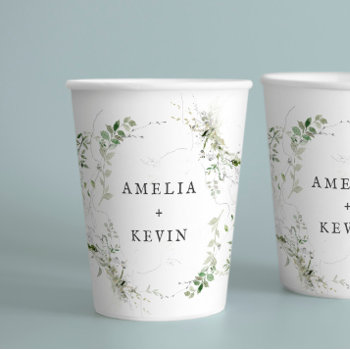 Elegant Earthy Greenery Personalized Names Or Date Paper Cups by NBpaperco at Zazzle