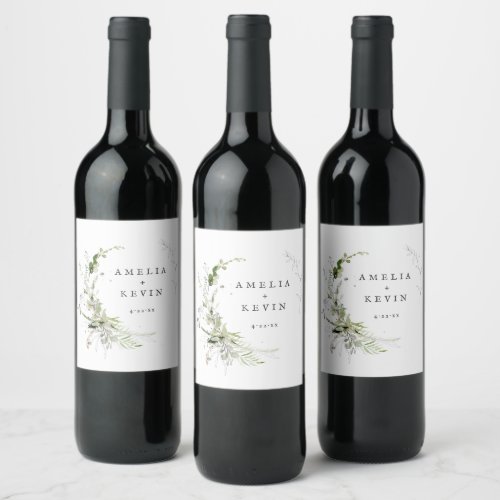 Elegant Earthy Greenery Personalized Names Wine Label