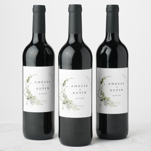 Elegant Earthy Greenery Personalized Names Wine Label (Bottles)