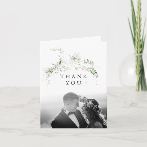 Elegant Earthy Greenery Watercolor Wedding Photo Thank You Card