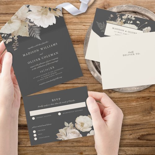 Elegant Earthy Moody Botanical Floral Wedding All In One Invitation