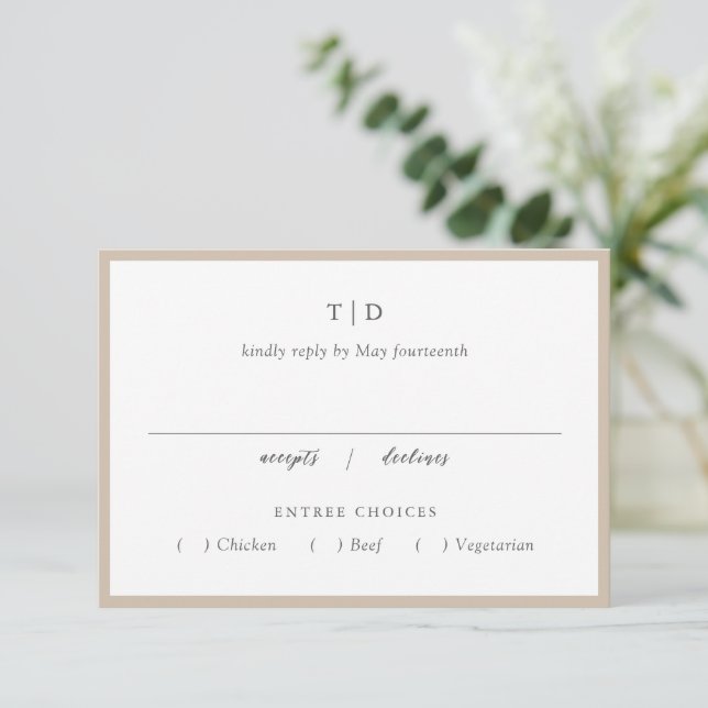 Elegant Earthy Neutral Monogram Modern Wedding RSVP Card (Standing Front)