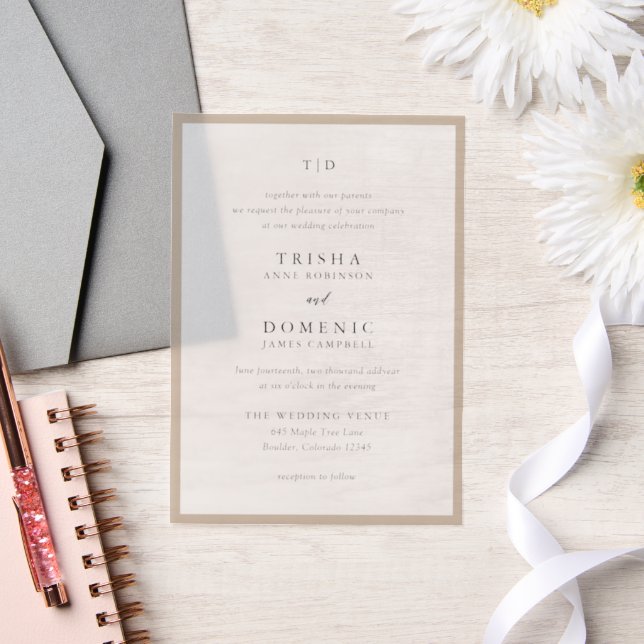 Elegant Earthy Neutral Monogram Modern Wedding Vellum Invitations (Wedding)