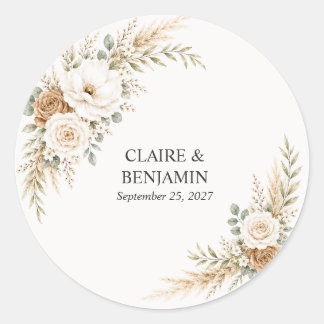 Elegant Earthy Pampas Botanical Wedding Classic Round Sticker