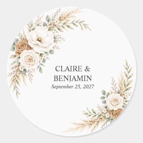 Elegant Earthy Pampas Botanical Wedding Classic Round Sticker