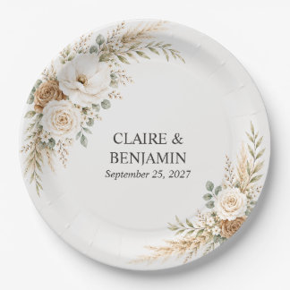 Elegant Earthy Pampas Botanical Wedding Paper Plates