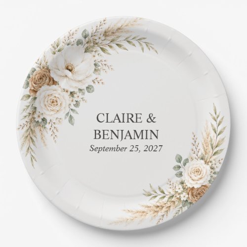 Elegant Earthy Pampas Botanical Wedding Paper Plates