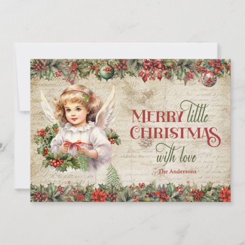 Elegant earthy tones holly and Christmas Angels Holiday Card