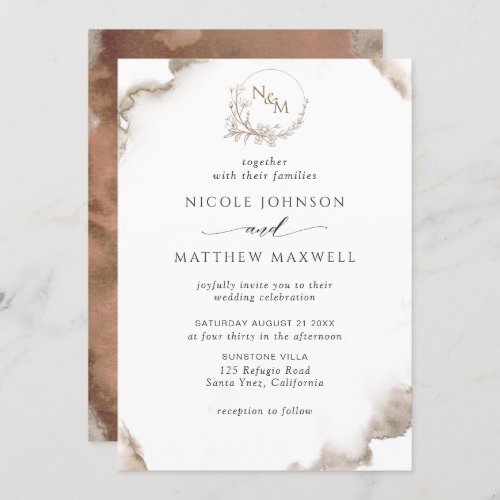 Elegant Earthy Tones Watercolor Monogram Wedding Invitation