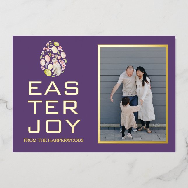 Elegant Easter Blessings Easter Eggs Family photo Foil Holiday Card (Front)
