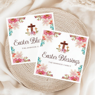 Elegant Easter Blessings Floral Cross Napkins