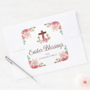 Elegant Easter Blessings Floral Cross Square Sticker