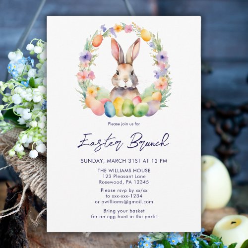 Elegant Easter Brunch Watercolor Floral Bunny Invitation