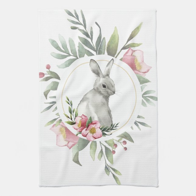 Elegant Easter Bunny Floral Kitchen Towel (Vertical)