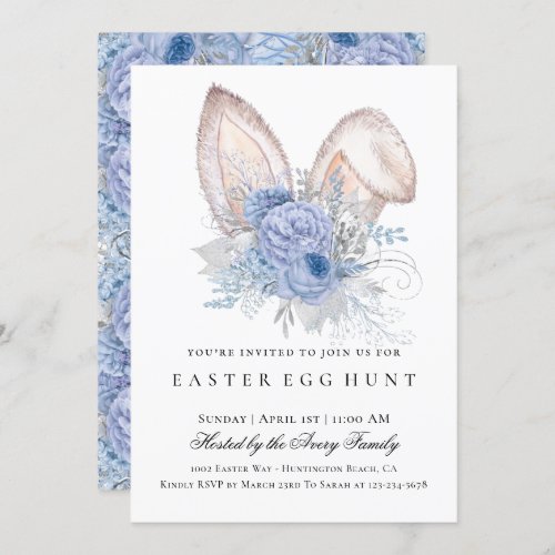 Elegant Easter Egg Hunt Floral Blue Invitation