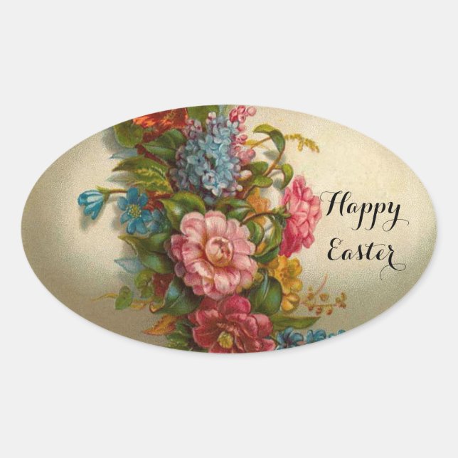 ELEGANT EASTER EGG WITH COLORFUL  FLOWERS OVAL STICKER (Front)