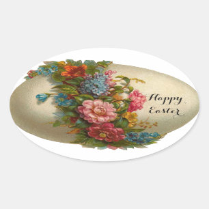 ELEGANT EASTER EGG WITH COLORFUL  FLOWERS OVAL STICKER