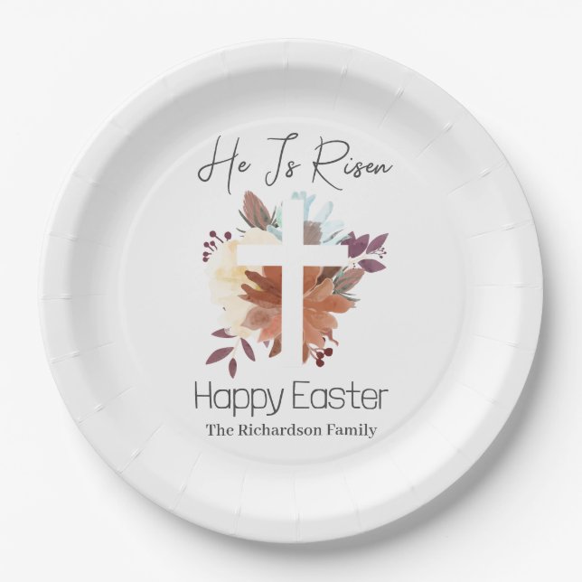  Elegant Easter Floral Calligraphy Christian Cross Paper Plates (Front)
