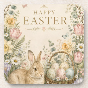 Elegant Easter Greeting,Blue White Porcelain style Beverage Coaster