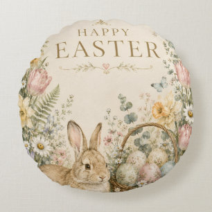 Elegant Easter Greeting,Blue White Porcelain style Round Pillow