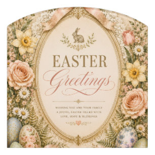 Elegant Easter Greeting ,Vintage Botanical style Door Sign