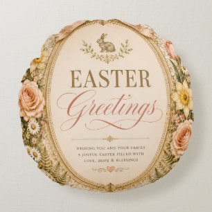 Elegant Easter Greeting ,Vintage Botanical style Round Pillow