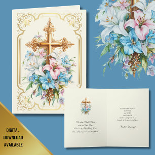 Elegant Easter Religious Gold Cross Lilies.  Holiday Card