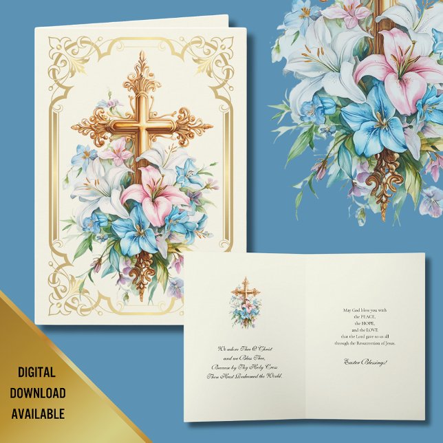 Elegant Easter Religious Gold Cross Lilies.  Holiday Card (Creator Uploaded)
