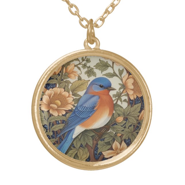 Elegant Eastern Bluebird William Morris Inspired Gold Plated Necklace (Front)