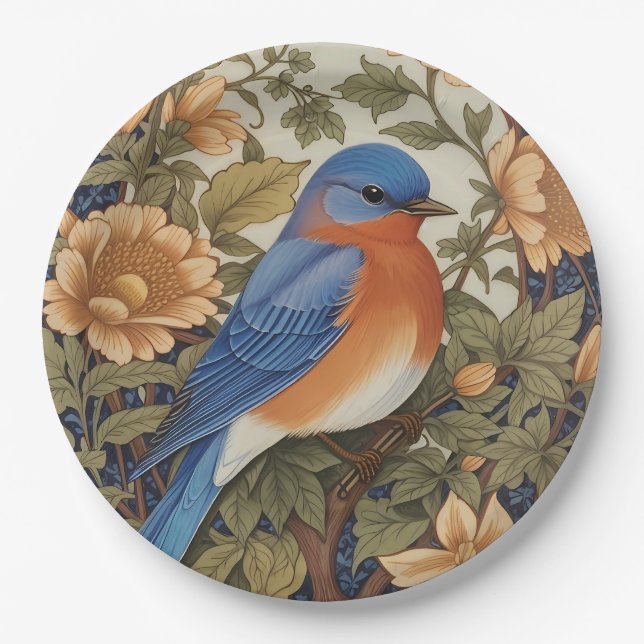 Elegant Eastern Bluebird William Morris Inspired Paper Plates (Front)