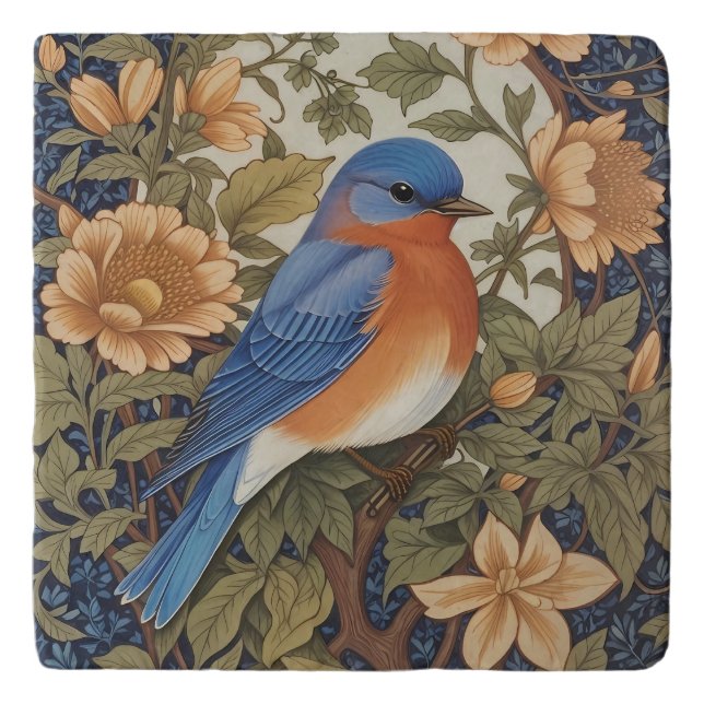 Elegant Eastern Bluebird William Morris Inspired Trivet (Front)
