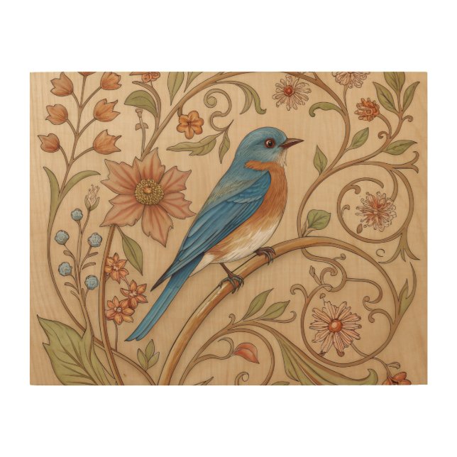 Elegant Eastern Bluebird – William Morris Inspired Wood Wall Art (Front)