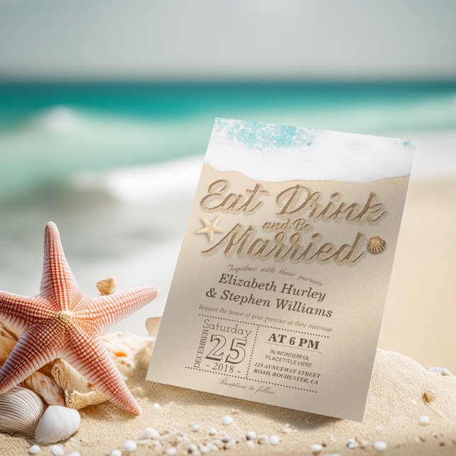 Elegant EAT Drink Be Married Summer Beach Wedding Invitation (Creator Uploaded)