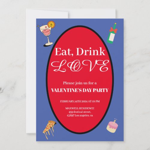 Elegant Eat Drink Love Valentines Day Hearts Invitation