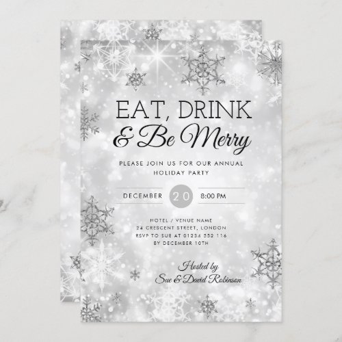 Elegant Eat  Drink Silver Holiday Christmas Party Invitation