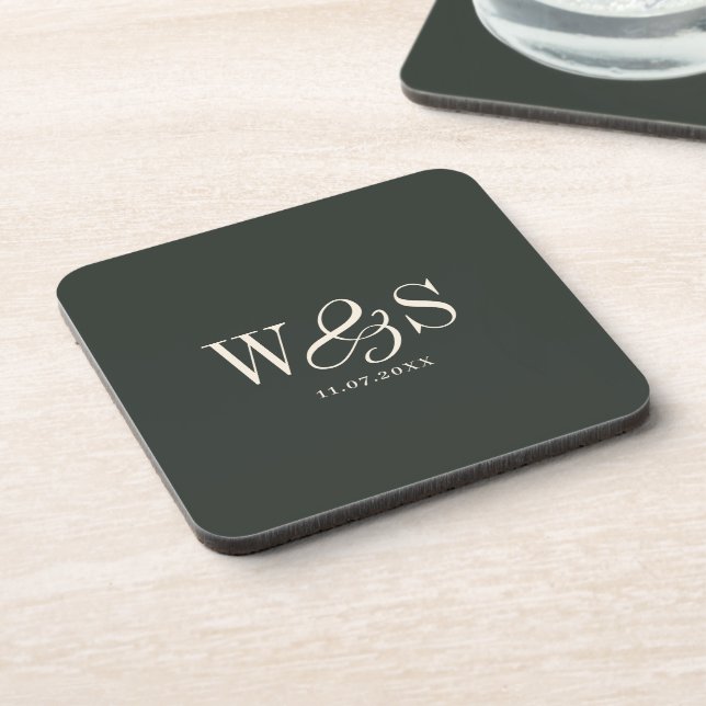Elegant ebony initial wedding couples beverage coaster (Left Side)