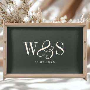 Elegant ebony initial wedding couples serving tray