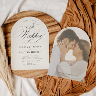 Elegant Ecru Black Calligraphy Arch Wedding Invitation