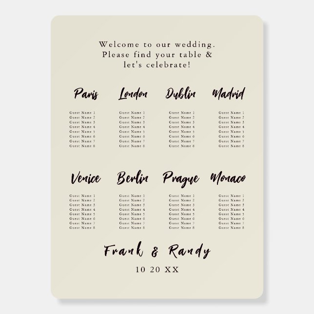 Elegant Ecru Custom Table Name Seating Chart Foam Board (Front)