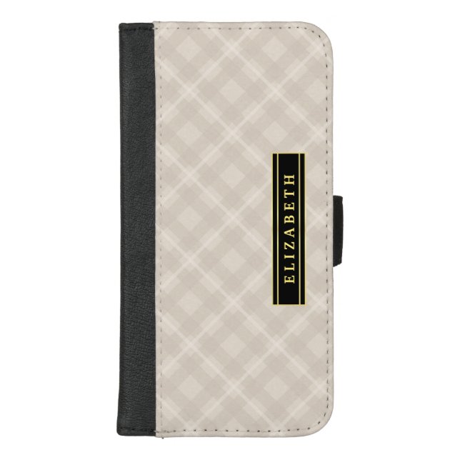 Elegant Ecru Plaid Pattern with Name iPhone Wallet Case (Front)