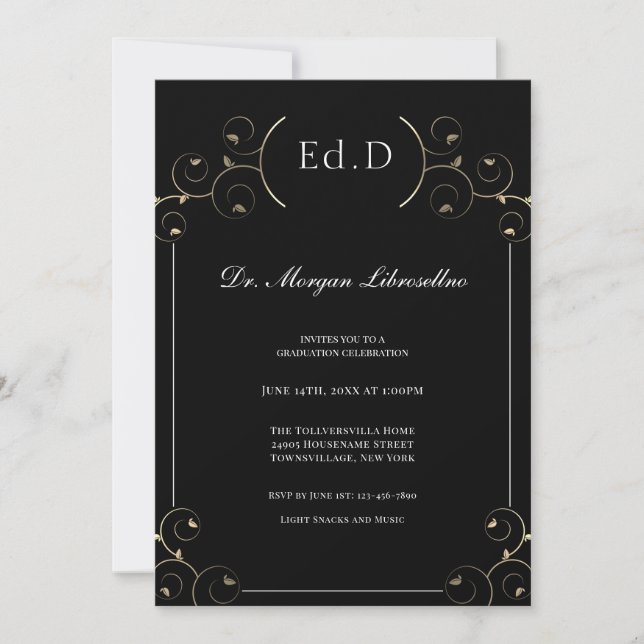 Elegant Ed.D Gold Black Graduation Invitation (Front)