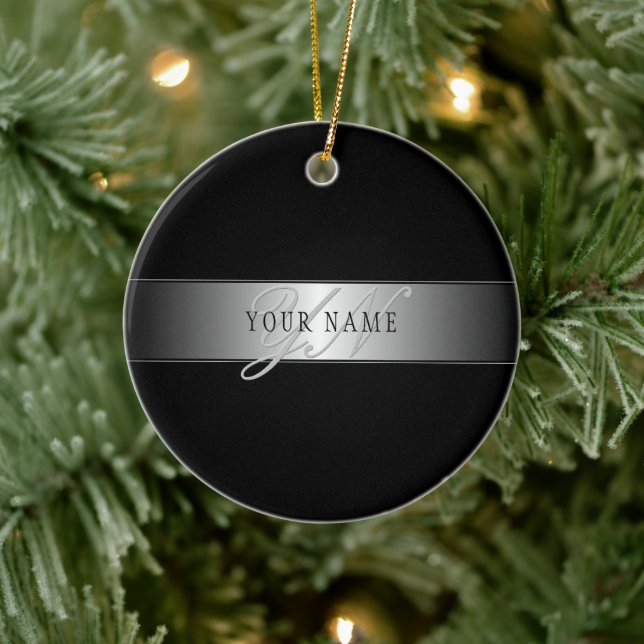 Elegant Editable Monogram Script Writing | Black Ceramic Ornament (Tree)