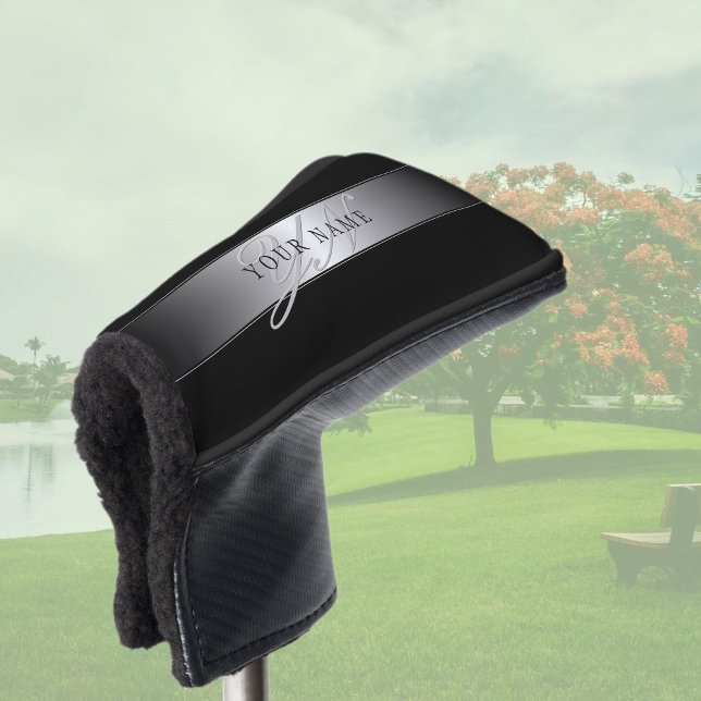 Elegant Editable Monogram Script Writing | Black Golf Head Cover (Creator Uploaded)