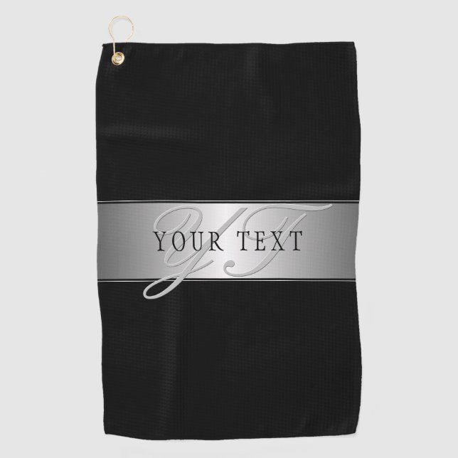 Elegant Editable Monogram Script Writing | Black Golf Towel (Front)