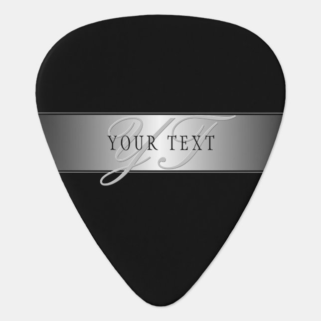 Elegant Editable Monogram Script Writing | Black Guitar Pick (Front)
