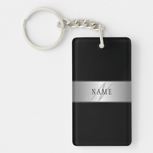 Elegant Editable Monogram Script Writing | Black Keychain (Front)