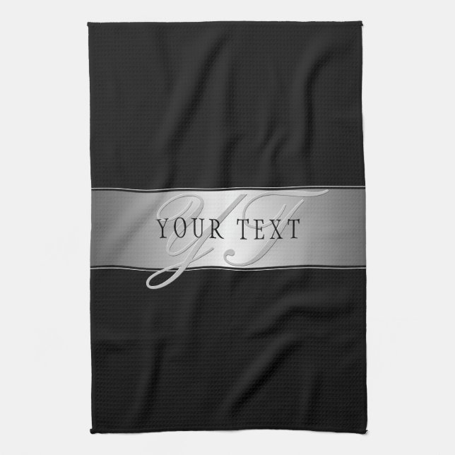 Elegant Editable Monogram Script Writing | Black Kitchen Towel (Vertical)