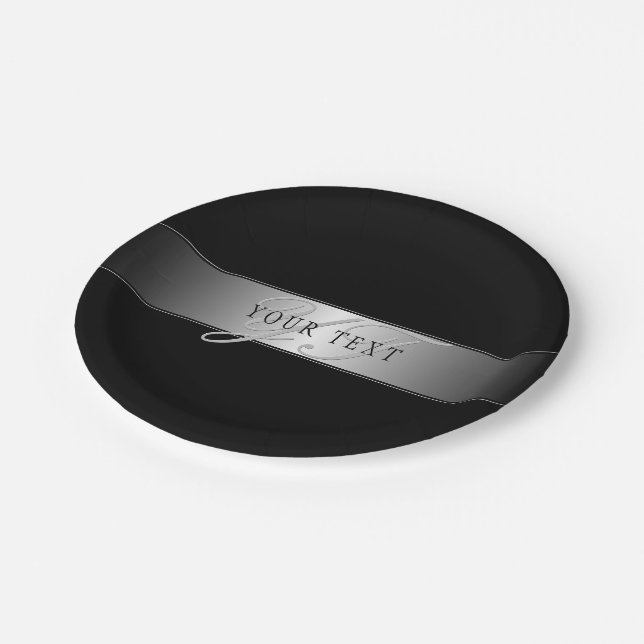 Elegant Editable Monogram Script Writing | Black Paper Plates (Angled)